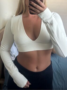 Garage Cream Ribbed V-Neck Crop Top